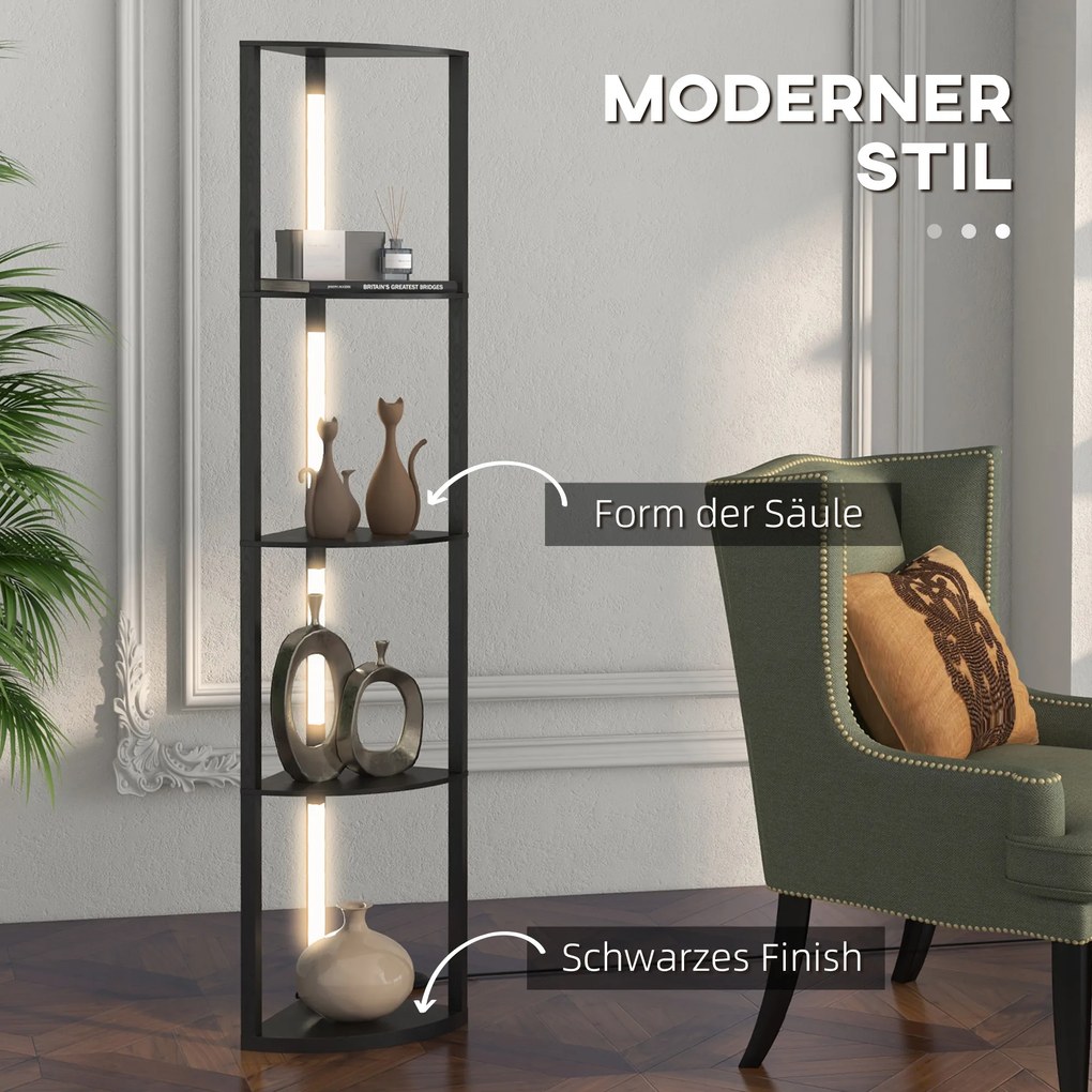 HOMCOM LED Lampa podłogowa, Regał Narożny, regulowana, 4 półki, ciepłe białe światło, 41x30x164cm, Czarna