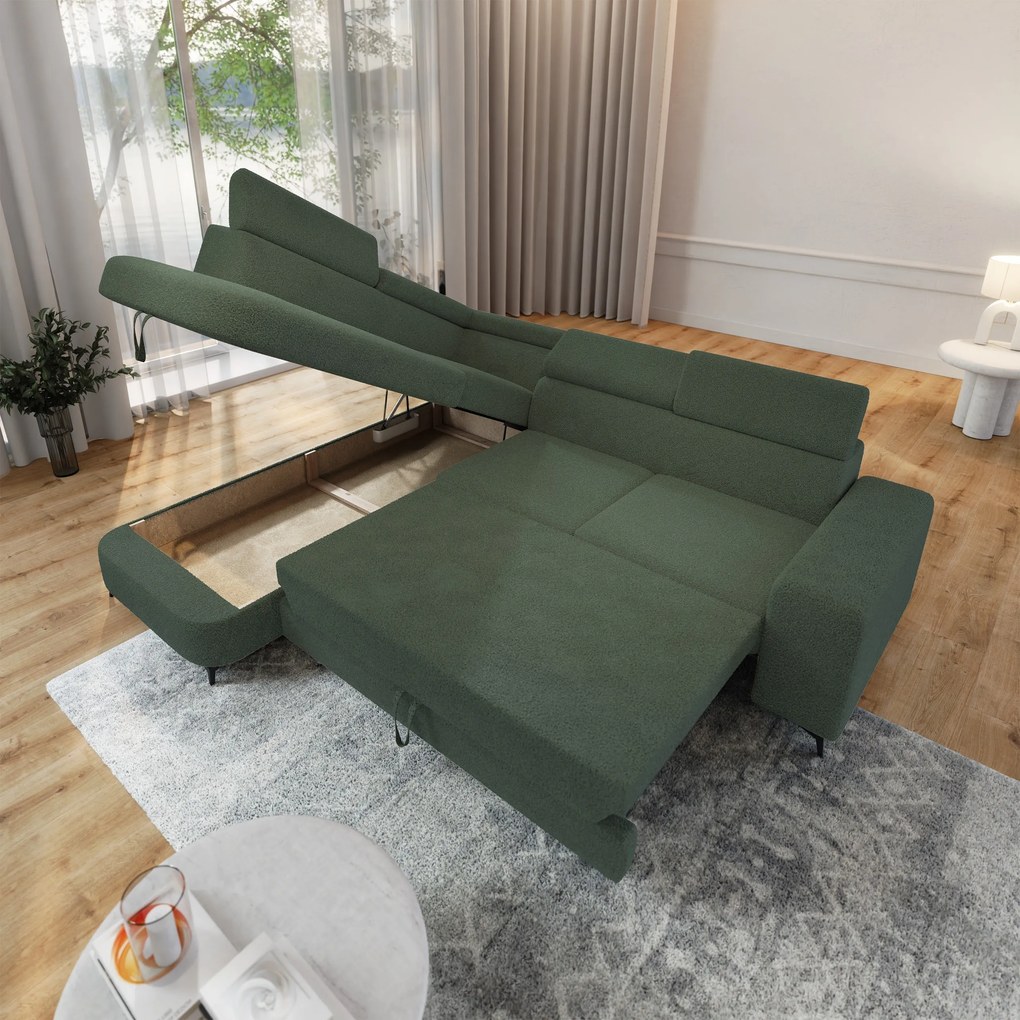 Masseno Narożnik ALVORO z funkcją spania i pojemnikiem na pościel Narozniki L, Rozkładana sofa - Zielony, QUELLE 37