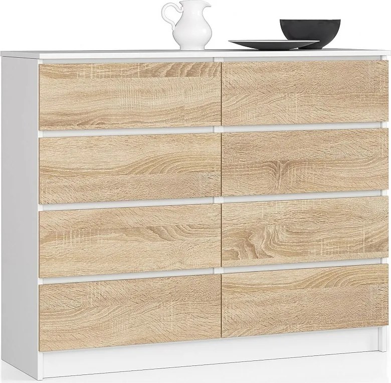 Komoda AKORD K120 Biała 120 cm 8 szuflad kolor Dąb Sonoma mat 120x40x99 cm