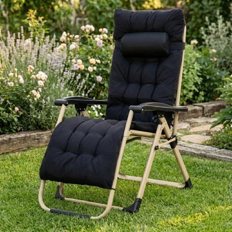 Regulowany leżak ogrodowy, składany, z poduszką Corsica 009, czarny/złoty