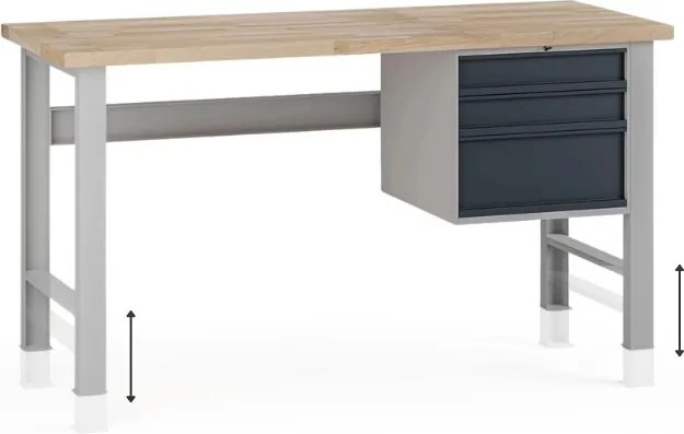 Stół warsztatowy z regulacją wysokości G7, blat bukowy, 1700 x 800 x 840-1040 mm, 1x kontener, 3x szuflada, grafitowy