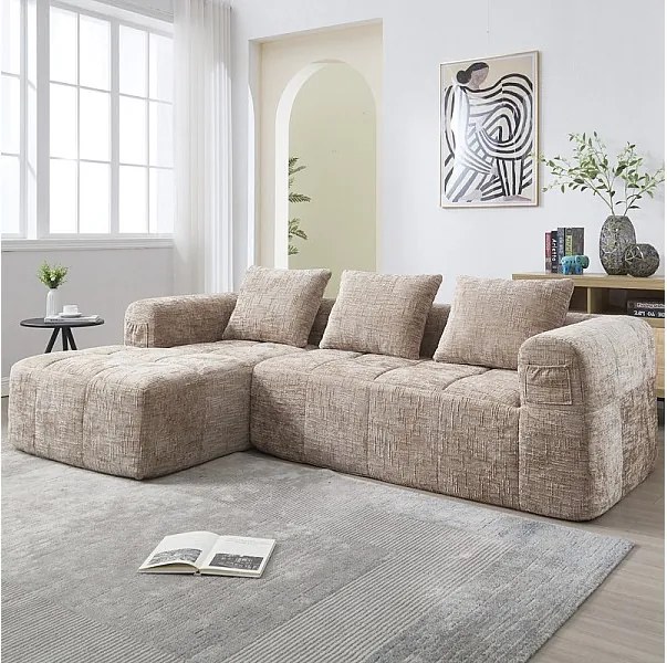 Narożna sofa rozkładana z tkaniny Chenille - 3-osobowa - z 3 poduszkami - Khaki - 250x158x60cm