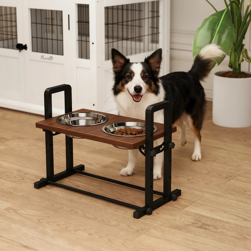 PawHut Podwyższana miska dla psa z 4 regulacjami wysokości, miska z stojakiem, 2 x 1,2 L miski ze stali nierdzewnej, 3 regulowane kąty, Brązowy | Aosom PL