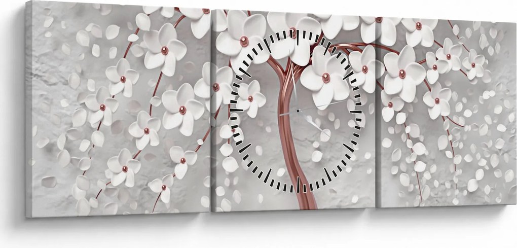Obraz - Obraz białego drzewa z kwiatami, rosegold (z zegarem) (90x30 cm)