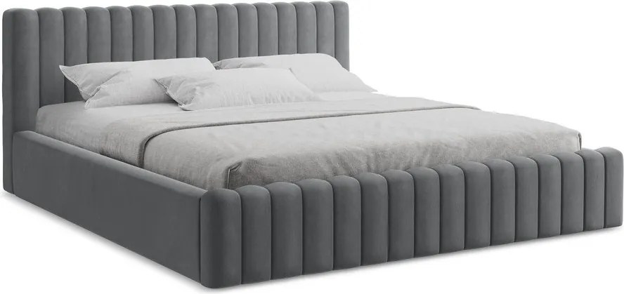 Szare tapicerowane łóżko dwuosobowe ze schowkiem i stelażem 180x200 cm Lemi – Makamii