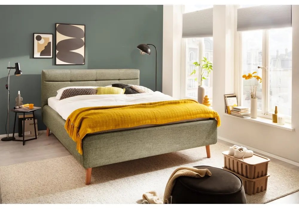 Zielone tapicerowane łóżko dwuosobowe ze schowkiem i stelażem 180x200 cm Lotte – Meise Möbel