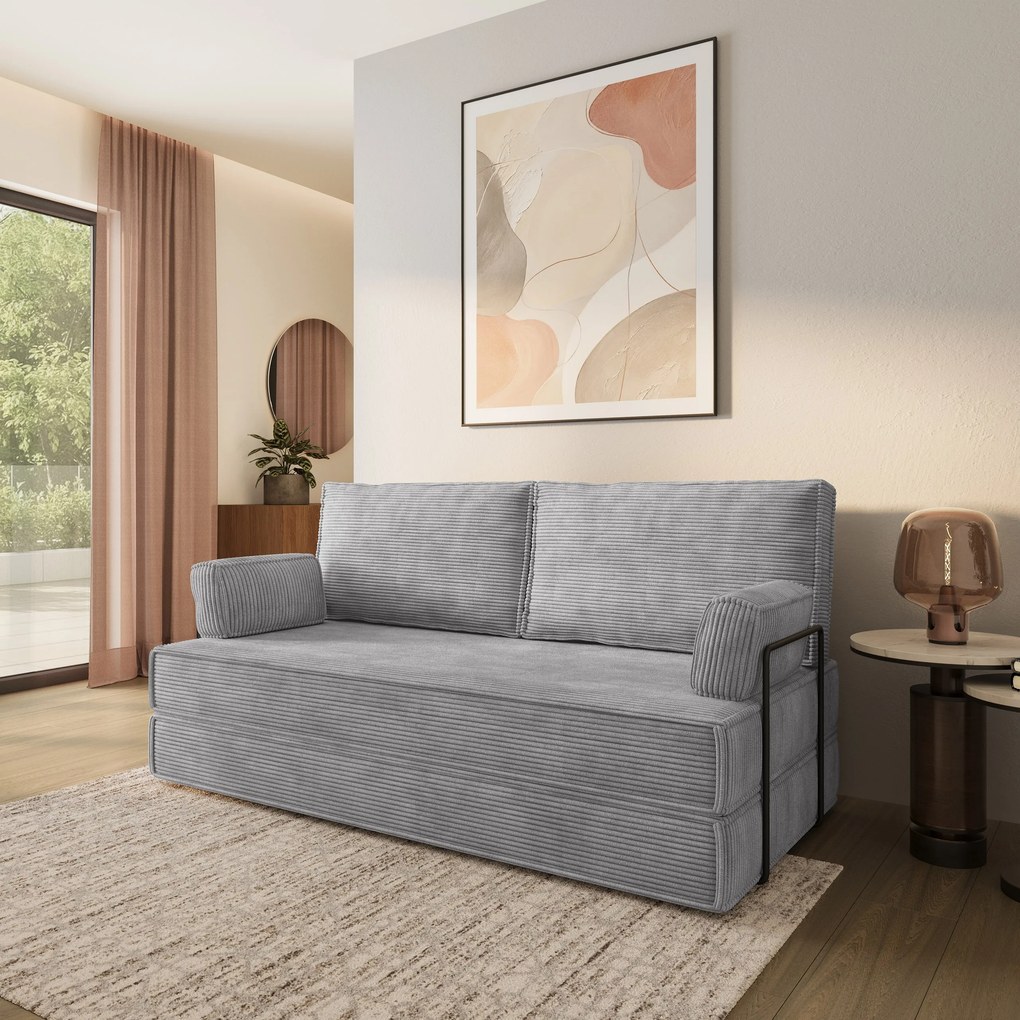 Masseno Sofa piankowa SILAR z funkcją spania, Kanapa z pianki do salonu, Bezmontażowa, Tkanina sztruksowa – Jasnoszary POSO 55