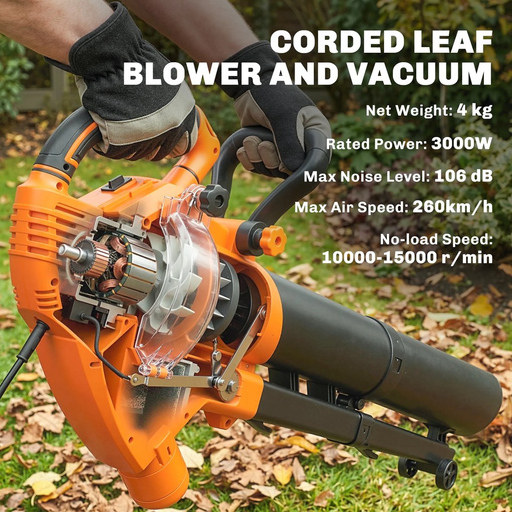 Outsunny Elektryczna dmuchawa i odkurzacz do liści 3000W 3 w 1 z workiem 40L, 4 kołami, regulowanym paskiem na ramię, pomarańczowy | Aosom PL