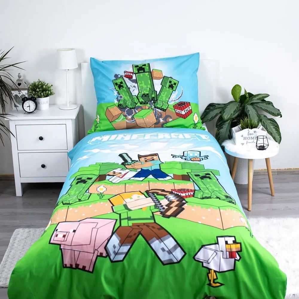 Zielono-niebieska bawełniana pościel dziecięca jednoosobowa 140x200 cm Minecraft "Outdoor Mobs" – Jerry Fabrics
