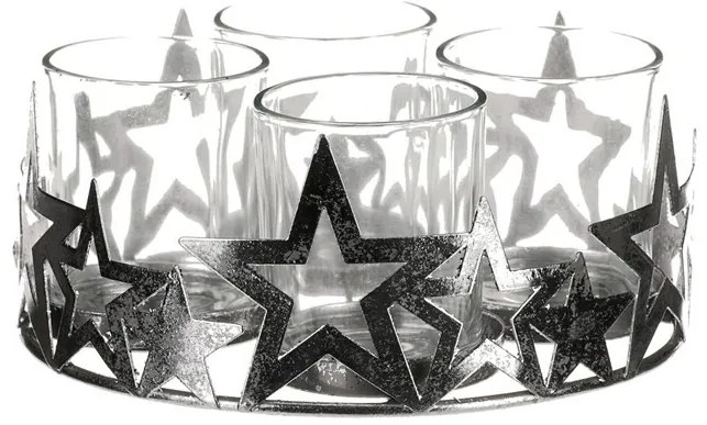 Świecznik adwentowy ze szklanymi elementami Gwiazda, metal, srebrny