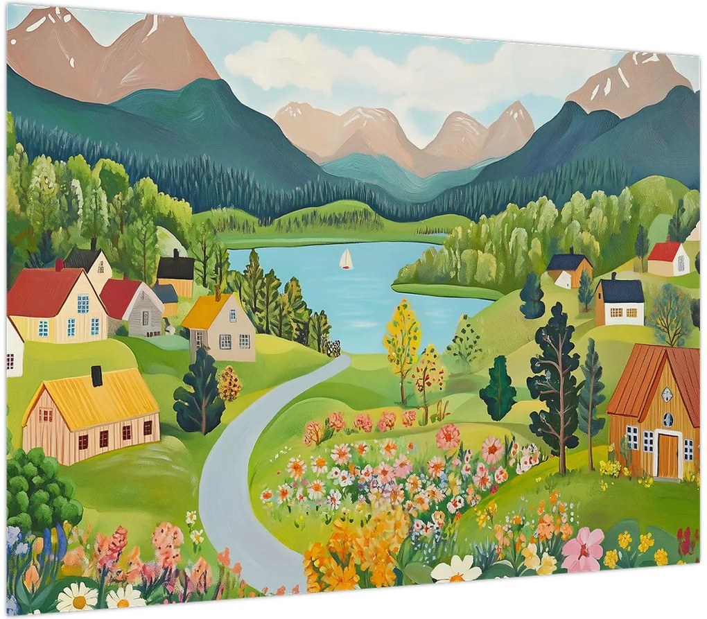 Obraz na szkle - Wioska w górach (70x50 cm)