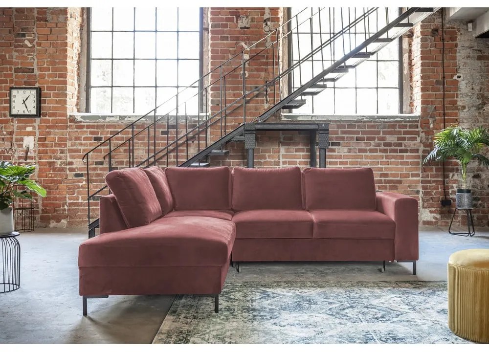 Różowy aksamitny rozkładany narożnik (lewostronny) Lofty Lilly – Miuform