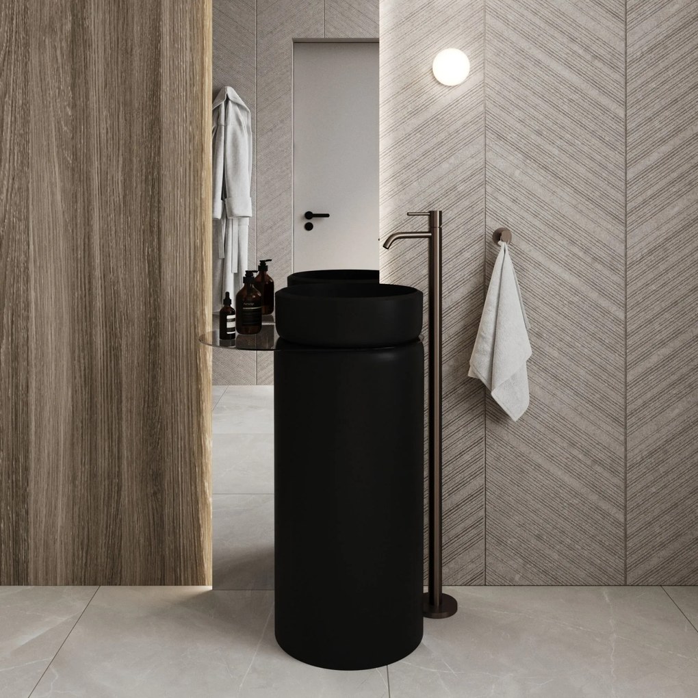 Umywalka wolnostojąca okrągła cała czarna matowa RONA Black Matt 85 x 40 cm : Kolor szkła - Niebieski, Model umywalki RONA - Z półką , Podłączenie syfonu - Do ściany