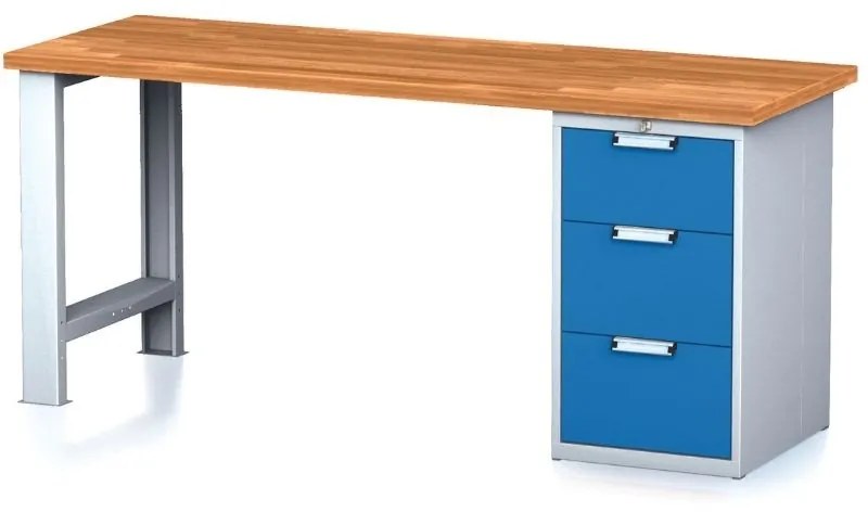 Stół warsztatowy MECHANIC, 2000x685x880 mm, 1x szufladowy kontener, 3 szuflady, szary/niebieski