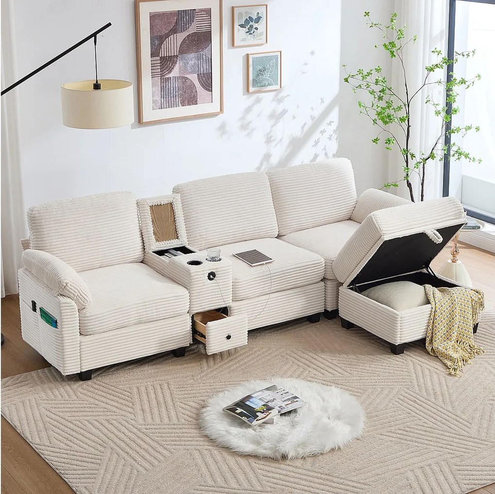 Nowoczesna sofa 3-osobowa - 266 x 136 x 82 cm - z 2 uchwytami na kubki + portem USB-C + szufladą + wyjmowanym pufem do przechowywania - aksamitna - beżowa