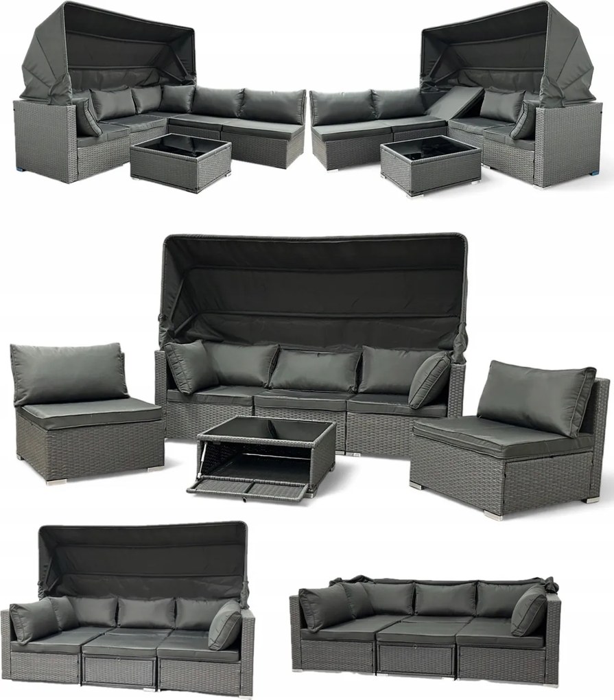 Wielofunkcyjny zestaw mebli ogrodowych - narożnik, leżanka z daszkiem Galicja 101 szary, poduszki szare