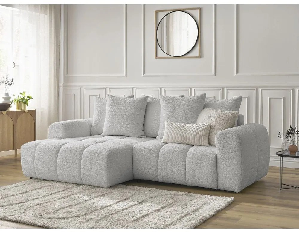 Jasnoszary rozkładany/ze schowkiem narożnik z materiału bouclé (lewostronny/z szezlongiem) Roxelane – Bobochic Paris