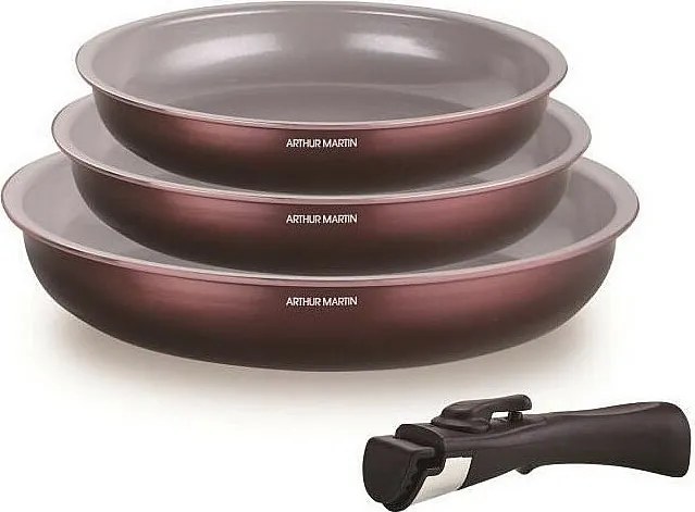 Zestaw 3 patelni ARTHUR MARTIN z powłoką ceramiczną i uchwytem zdejmowanym, kompatybilny z każdym rodzajem kuchenek, w tym indukcyjnych