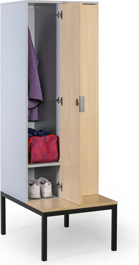 Drewniana szafa ubraniowa S4 z ławką, 2-drzwiowa, 1871 x 600 x 500/800 mm, demontaż, zamek RFID, szary/brzoza