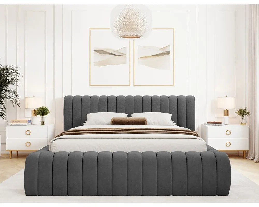 Ciemnoszare tapicerowane łóżko dwuosobowe ze schowkiem ze stelażem 140x200 cm Carilla – ELTAP