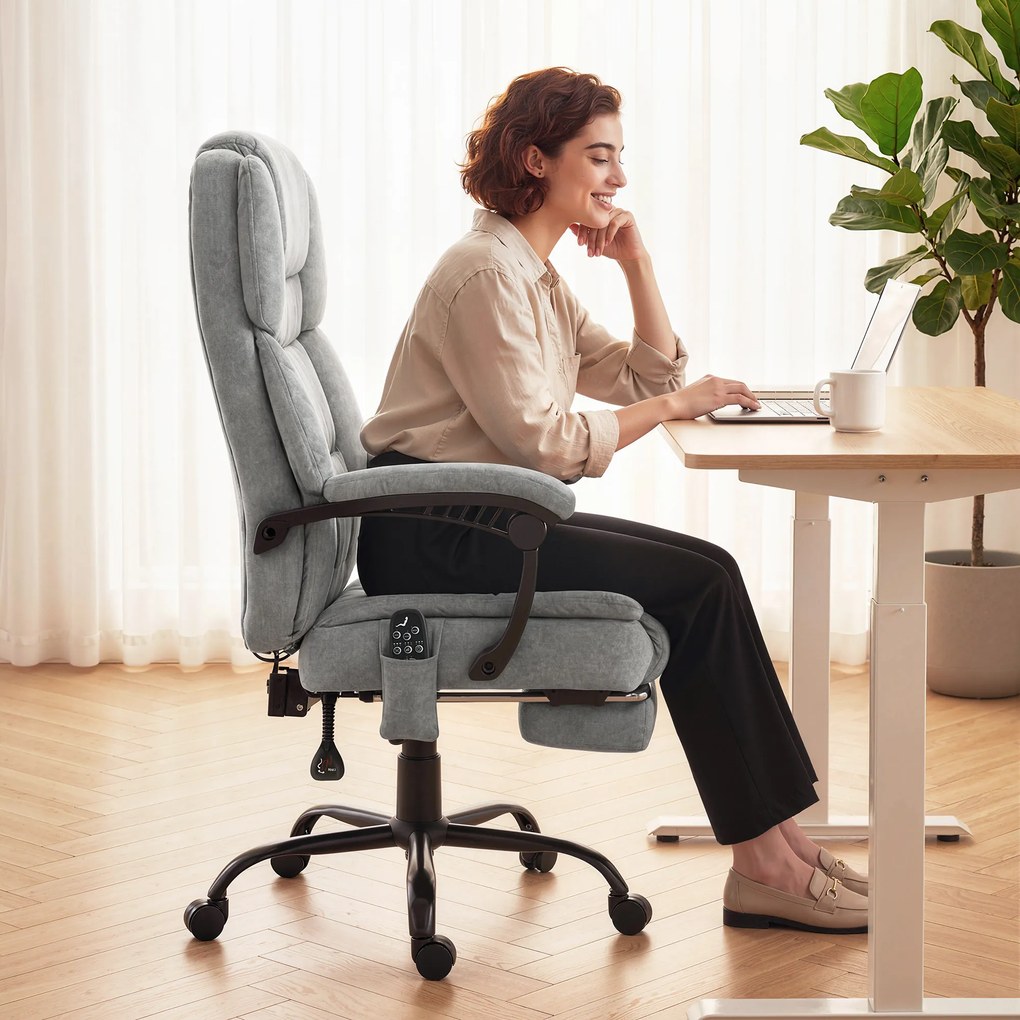 HOMCOM Fotel biurowy z wysokim oparciem, masażem wibracyjnym, funkcją podgrzewania, regulowanym oparciem, podnóżkiem, pilotem, szary | Aosom PL