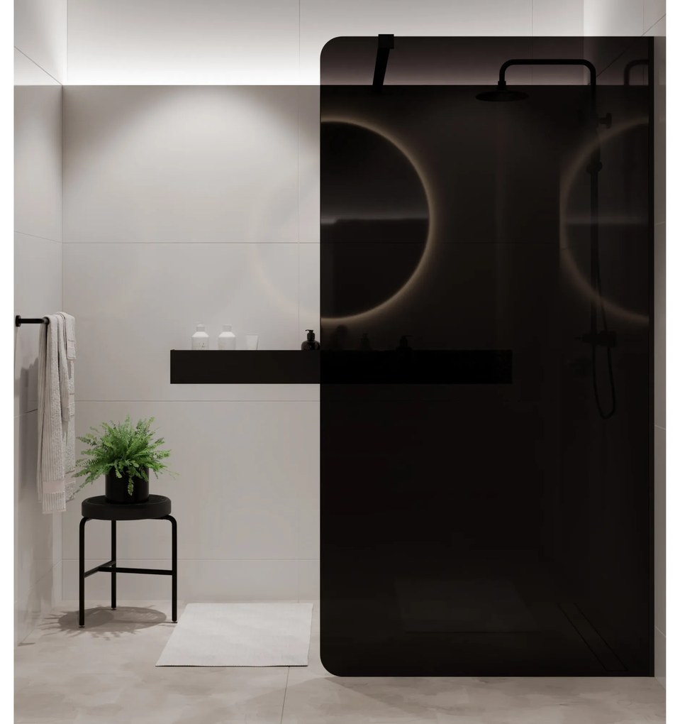 Ścianka prysznicowa WALK IN FIX czarna 8 mm MOLIS Black Round MASSI I Różne rozmiary : Kolor profili kabiny - chrom / srebrny, Szerokość ścianki - 90 cm , Typ montażu - WALK in FIX (Do ściany)