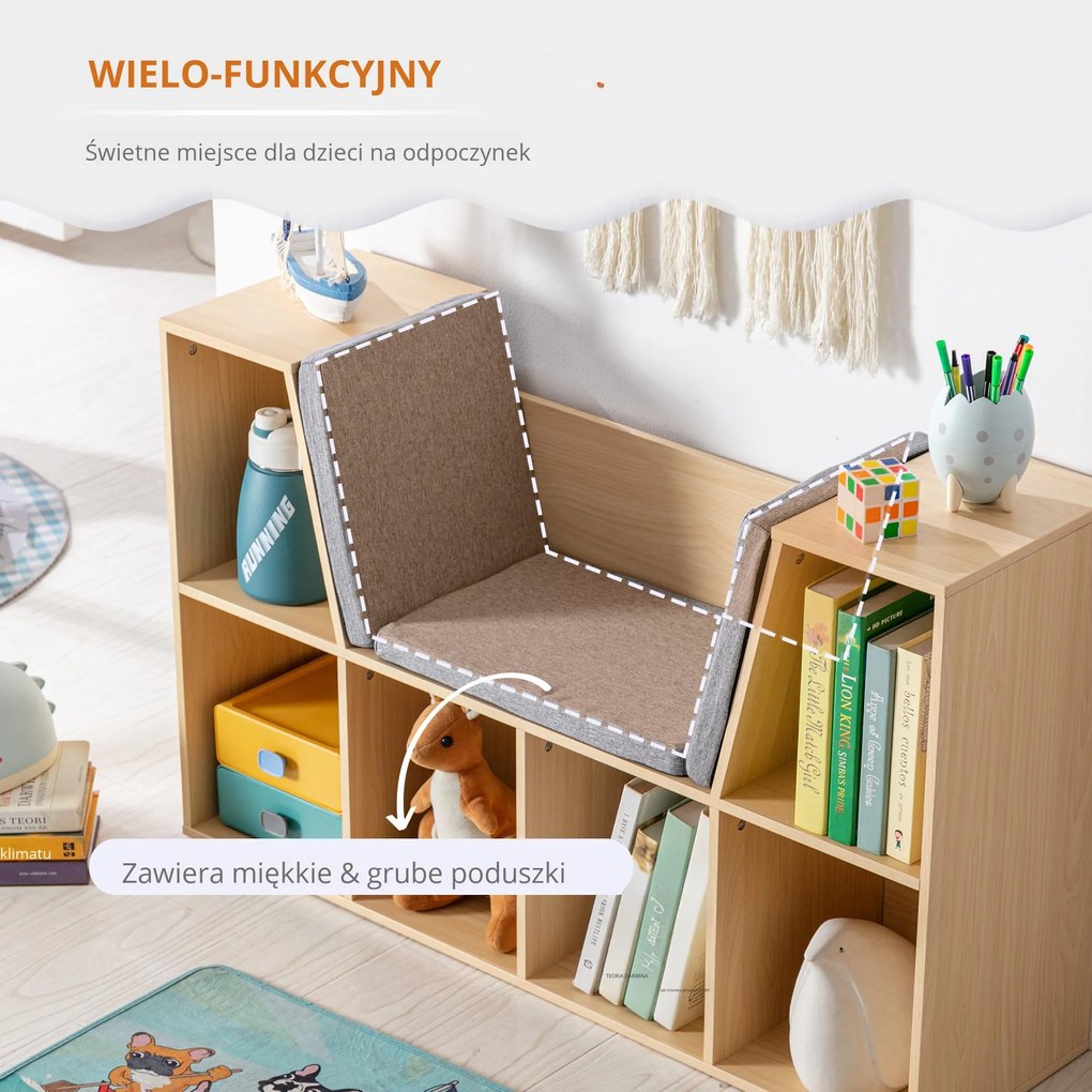 HOMCOM Regał dla Dzieci 2 w 1 + Ławka z Poduszkami 103 cm x 30 cm x 62 cm Biały + Szary