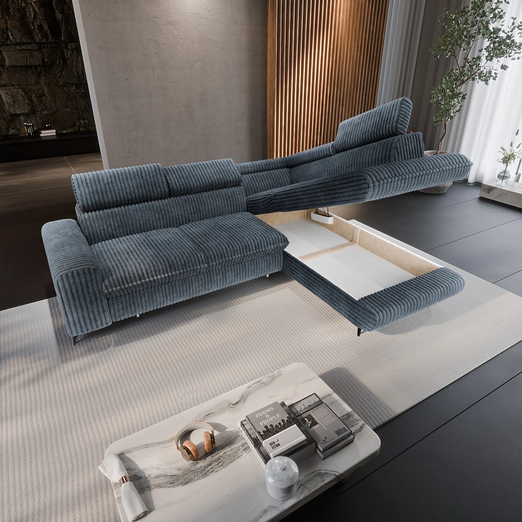 Masseno Narożnik VELISS z funkcją spania i pojemnikiem na pościel Rozkładana sofa do Salonu - Szary, TILIA 85
