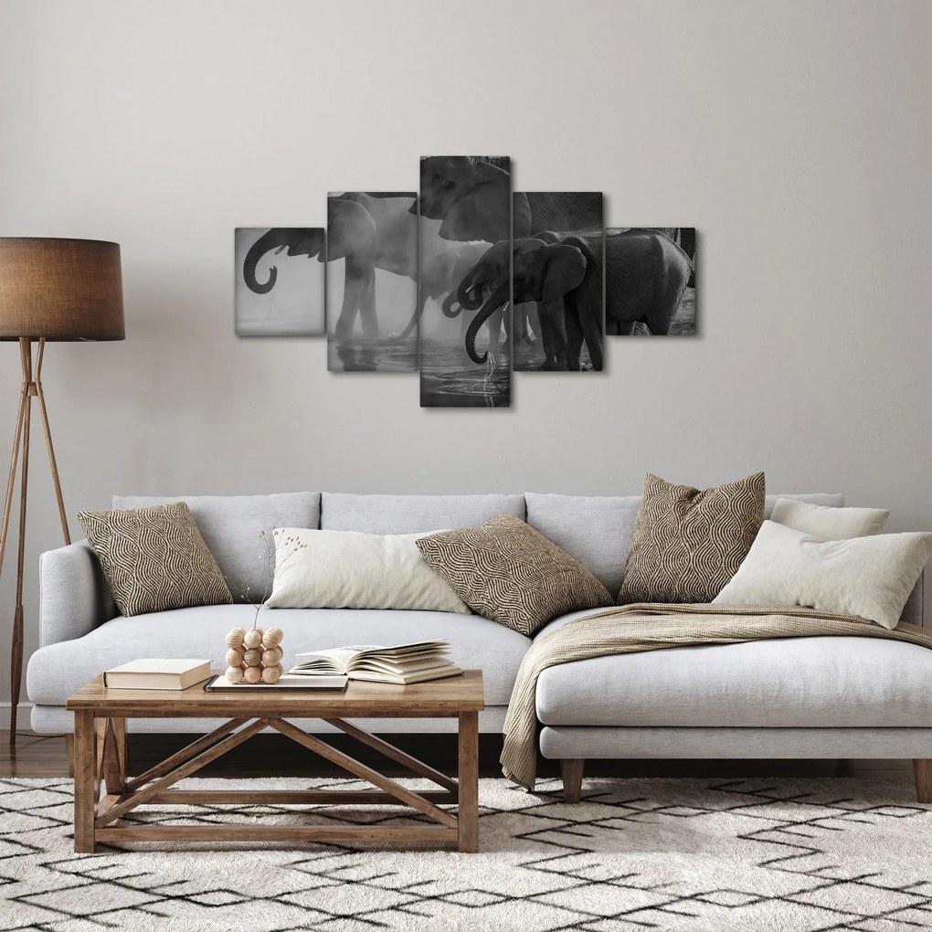 Obraz słoni - czarno - biały (125x70 cm)