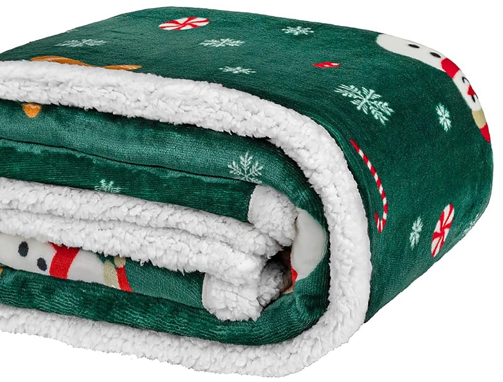 Świąteczny ciemnozielony koc z mikropluszu z barankiem SNOWMAN AND GINGERBREAD Rozmiar: 200 x 220 cm