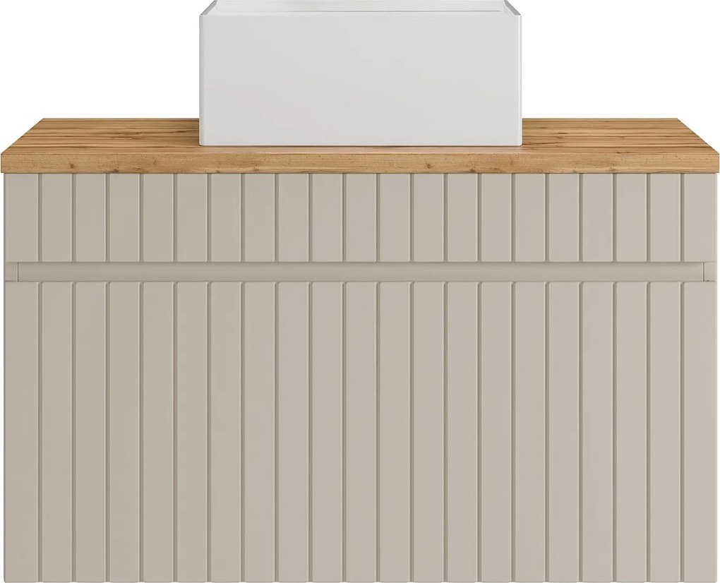 Wisząca szafka łazienkowa prążkowana beżowa z umywalką nablatową kwadratową – 80 cm – SATARA