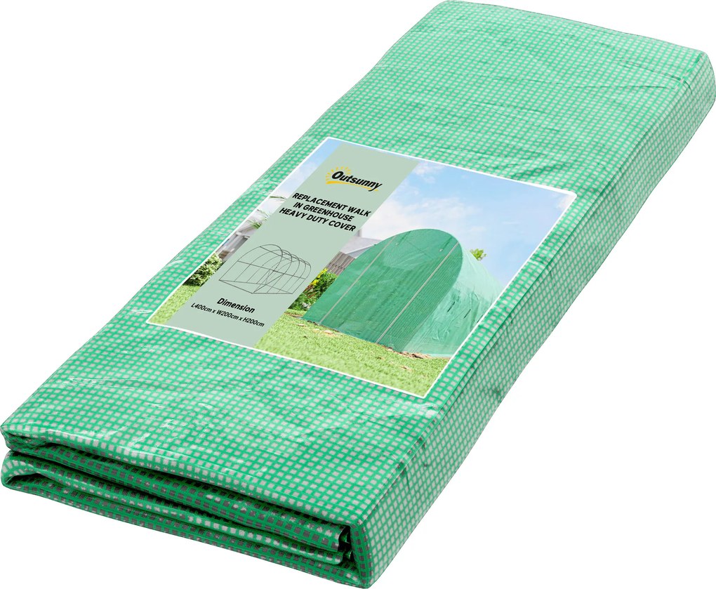 Outsunny Folia do szklarni 4 x 2 m, wodoodporna plandeka z drzwiami, 8 okien, ochrona UV, odporna, polietylen, zielona | Aosom PL