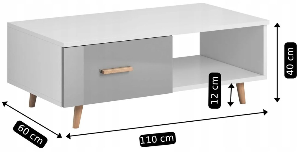 Ława Prostokątna z Szufladami SWEDEN 110 cm Biały Mat/Szary połysk do Salonu Skandynawska