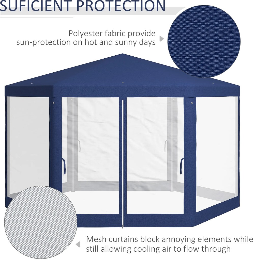 Outsunny Pawilon Ogrodowy, 6-kąt, Moskitiery, Metalowa Konstrukcja, 3,94x3,412x2,5m, Niebieski