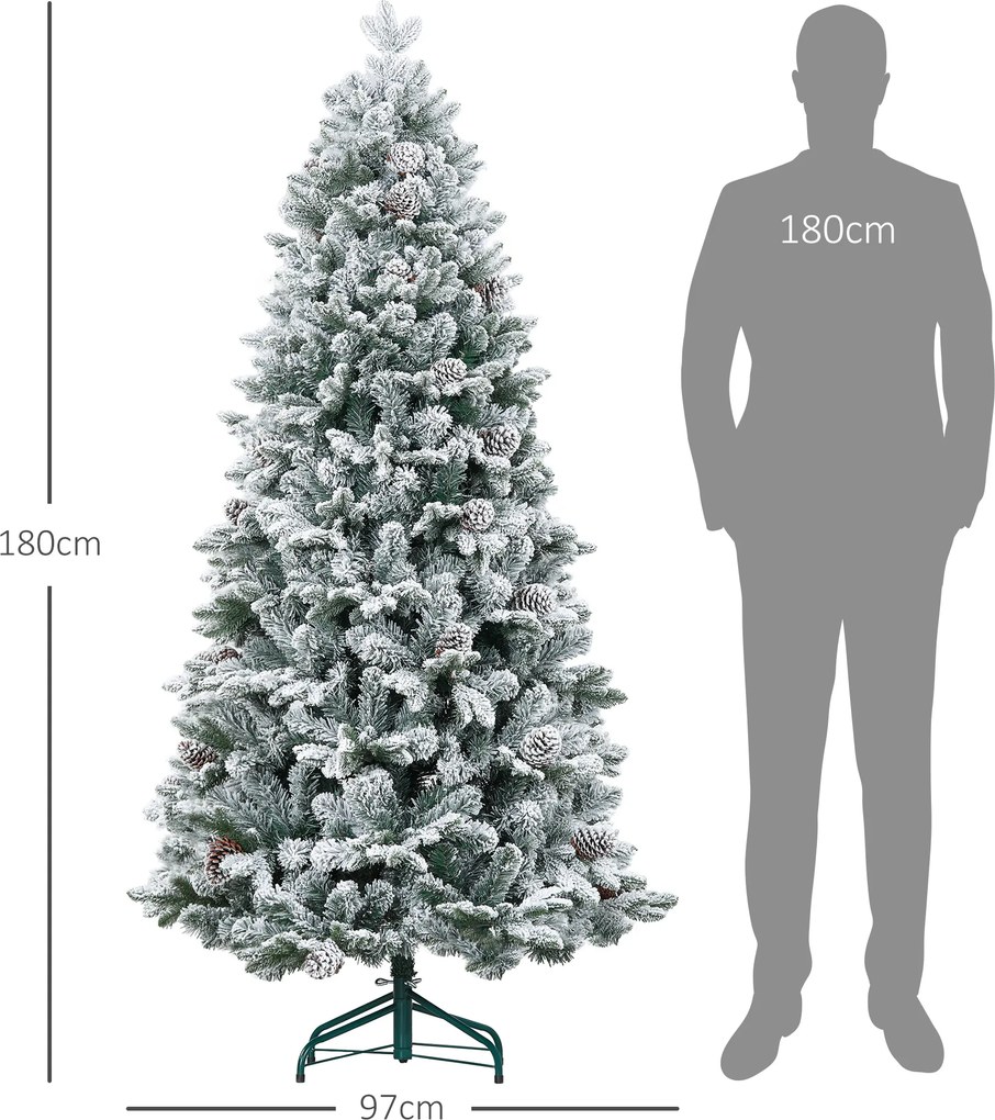 HOMCOM Sztuczna Choinka, z efektem śniegu i szyszkami, realistyczna, odporna na płomień, metalowa podstawa, 180 cm, Zielona | Aosom PL