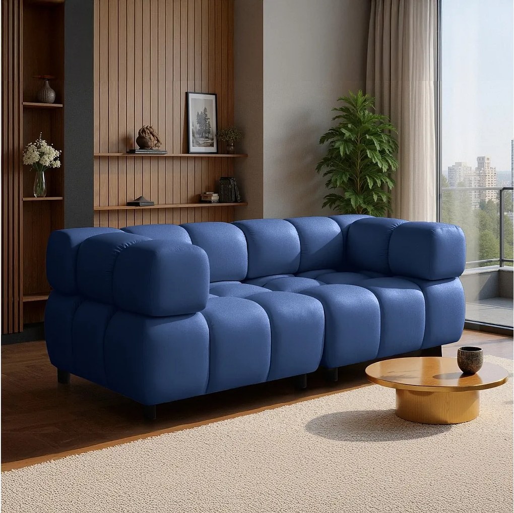 Sofa z weluru TONDO 3-osobowa w kolorze midnight blue - Design w formie bąbelków, pianka wysokoelastyczna, łatwy montaż