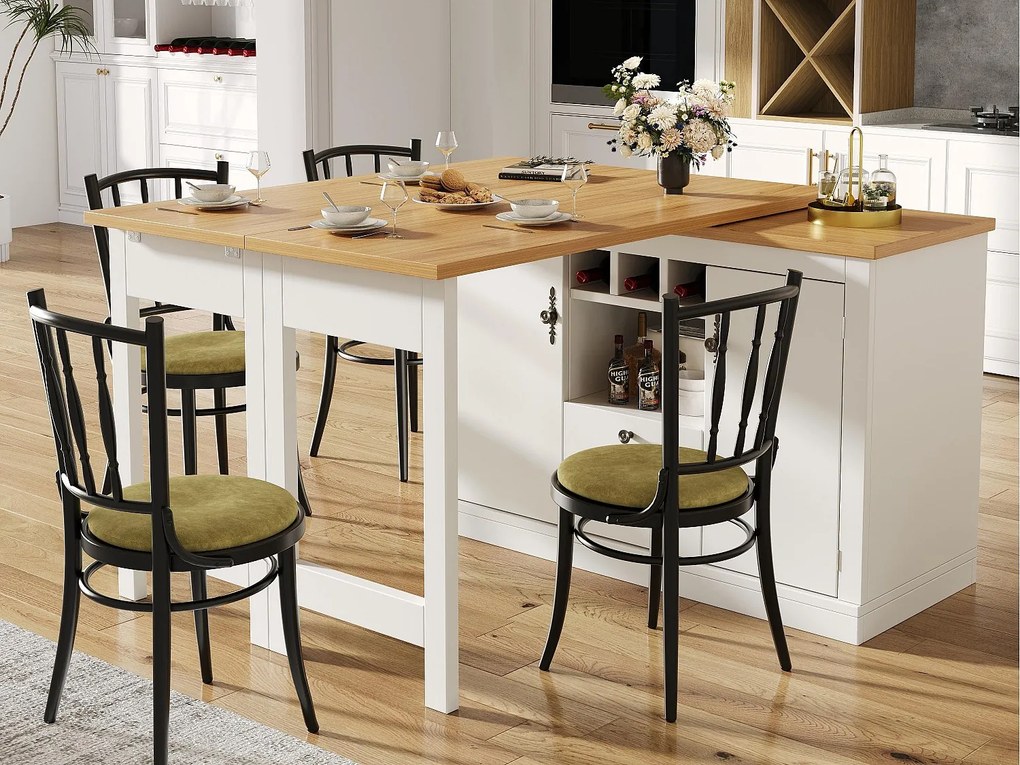 Rozszerzalna szafka kuchenna barowa - i obrót 360° - duży stół - 180x79.5x71.5 cm - 2 szuflady i 2 drzwi - 3 stojaki na wino - Biały