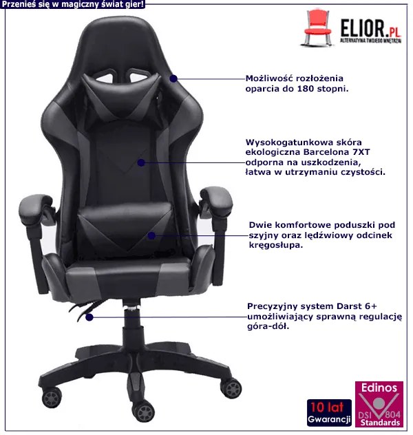 Szare krzesło gamingowe obrotowe do biurka - Izma
