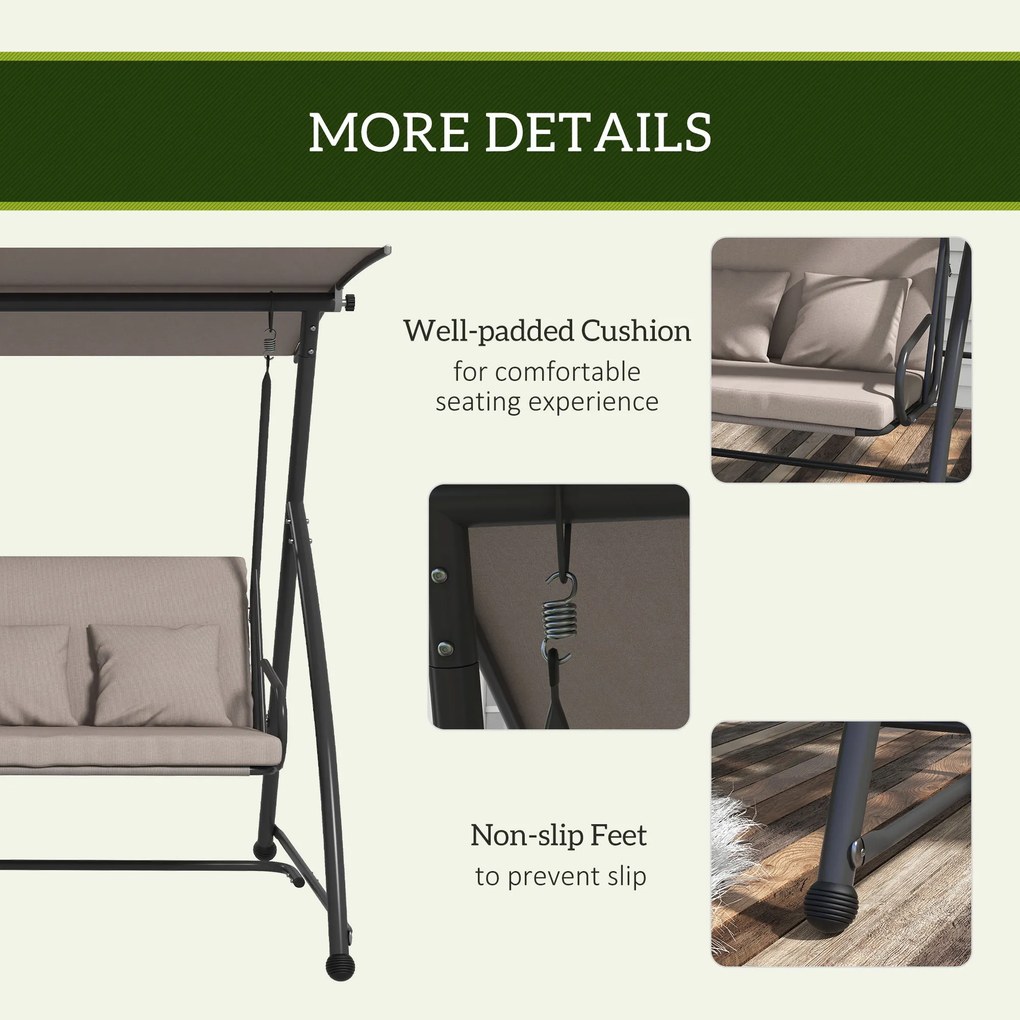 Outsunny 2 w 1 Huśtawka ogrodowa z funkcją leżanki, 3-osobowa huśtawka z stali 170x110x153cm, Jasnobrązowa