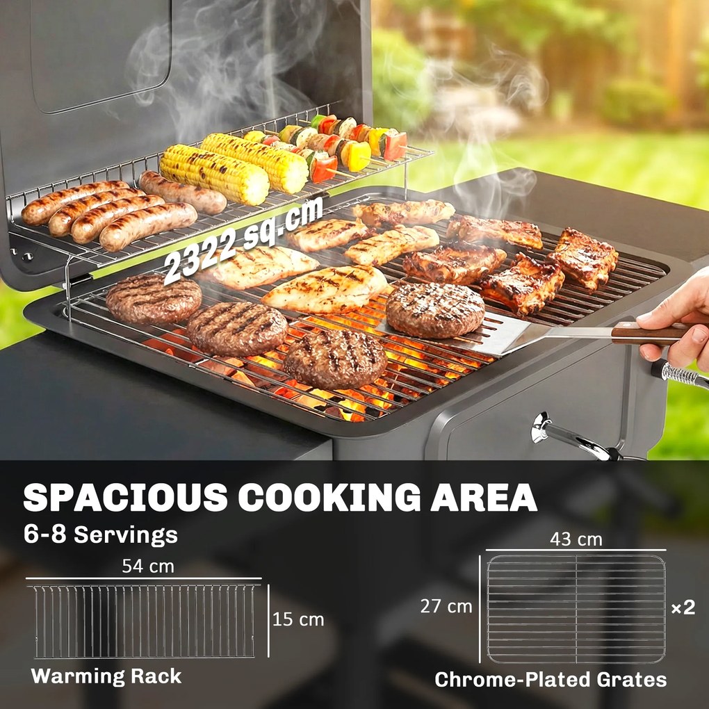 Outsunny Grill węglowy BBQ Smoker z pokrywą, termometrem, regulowaną tacą na węgiel, rusztem, bocznym stołem i szufladą na popiół | Aosom PL