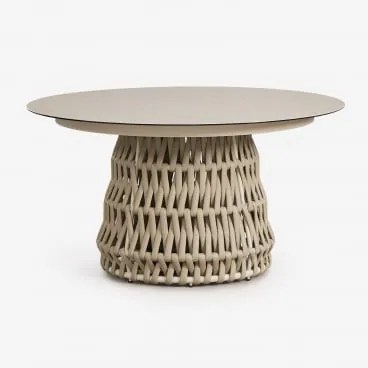 Okrągły Stół Ogrodowy Ø140 Cm Z Ceramiki I Plecionej Liny Tevary Kremowa Tapioca - Sklum