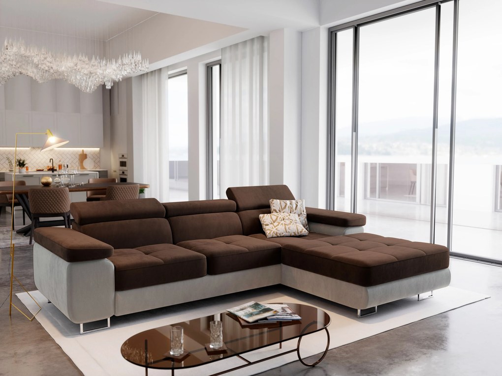 Masseno Narożnik ELMA z funkcją spania i pojemnikiem na pościel, Rozkładana sofa - Brązowy, MONOLITH 29 + MONOLITH 09