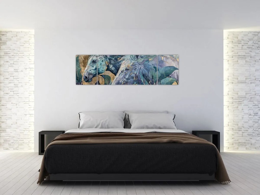Obraz - Konie na złotym tle (170x50 cm)