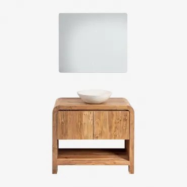 Zestaw Mebli Łazienkowych Z Drewna Vacry Akacja Brąz & Cement Okrągły Biały Ø40 Cm Zavion & Prostokątny Led I Przeciwmgielny 80x70 Cm Riben & Bez Kran