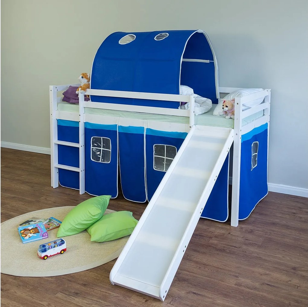 Łóżko piętrowe 90x200 cm niebieskie łóżko dziecięce drabinka zjeżdżalnia tunel lite drewno sosnowe