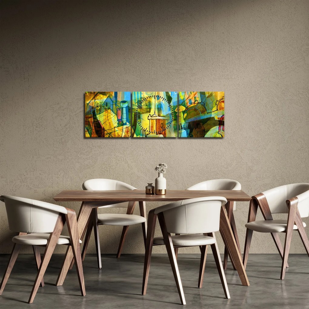 Obraz - Architektura, abstrakcja kubistyczna (z zegarem) (90x30 cm)
