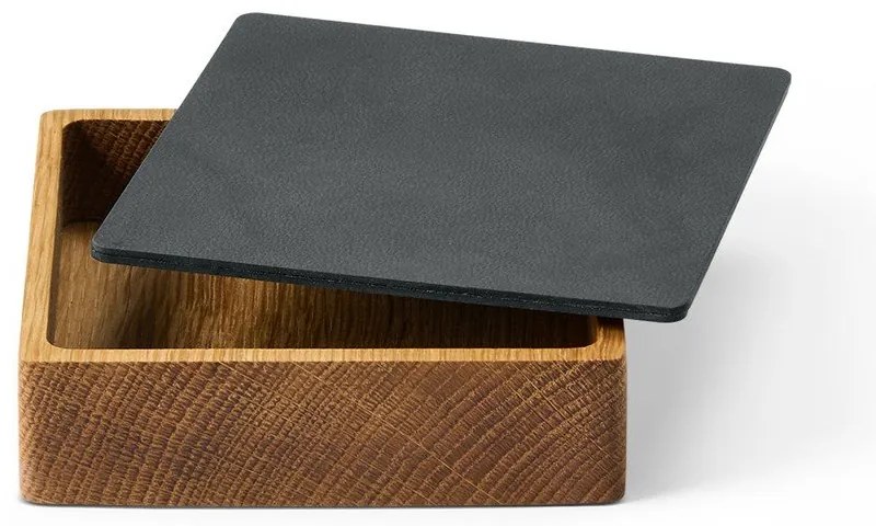 Antracytowo-naturalny drewniany/ze skóry ekologicznej pojemnik dekoracyjny z pokrywką 11x11x3,5 cm Square Nupo – LIND DNA