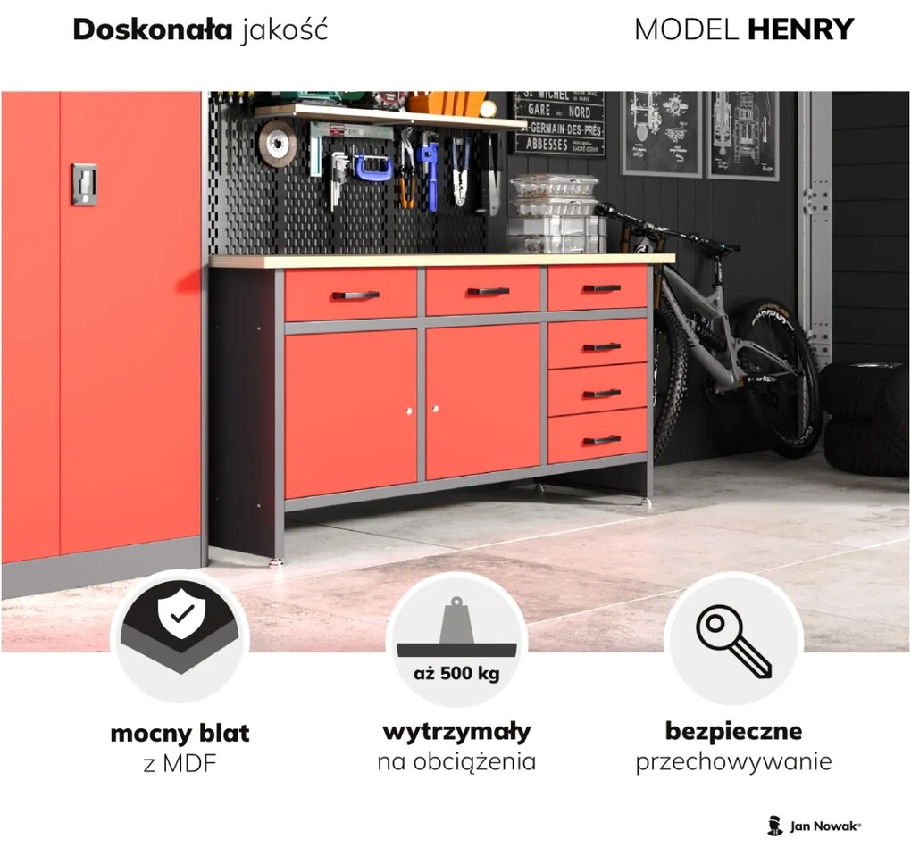 Stół warsztatowy HENRY, 1700 x 850 x 600 mm, antracytowo-czerwony