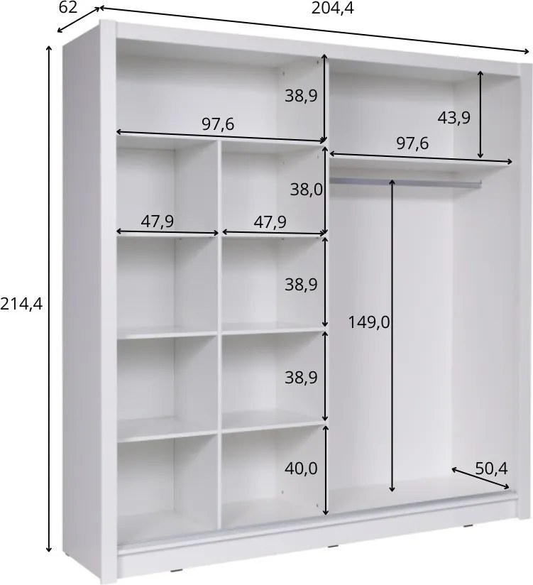 Szafa Przesuwna FRISKA 204,4 cm z Lustrem Szafa Dwudrzwiowa, Dąb sonoma