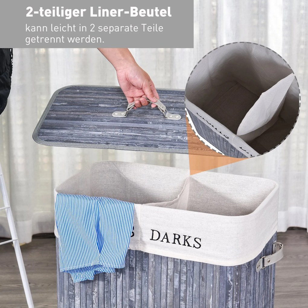 HOMCOM Elegancki Kosz na Pranie z Bambusa z Podziałem na Jasne/Ciemne Ubrania, z Pralnym Workiem, Szary